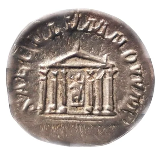 Reverso: Templo Romano Hexástilo, Tetrástilo o Dístilo (SAECVLVM NOVVM / ROMAE AETERNAE / CONSERVATOR)