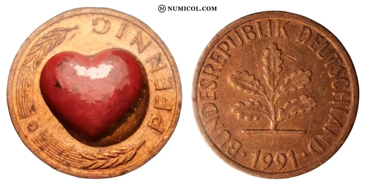 Corazon de goma  sobre un Pfenning - Colección Numismática