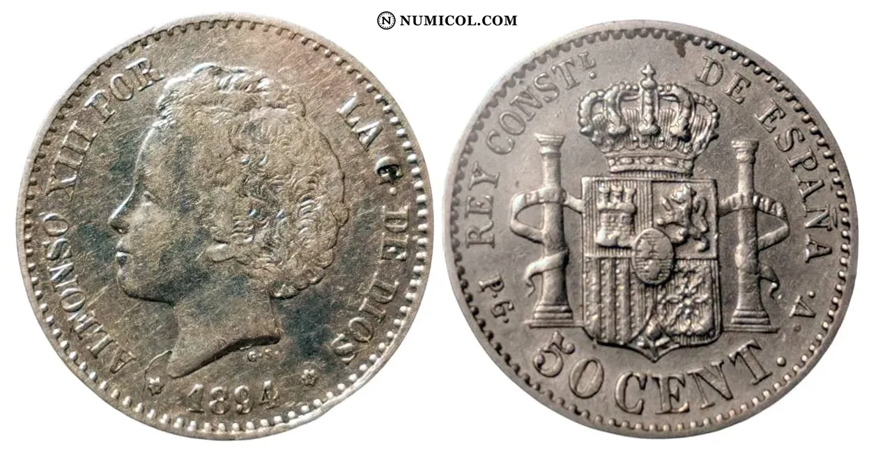 Moneda 50 Centimos - Alfonso XIII (2.º retrato) año 1894