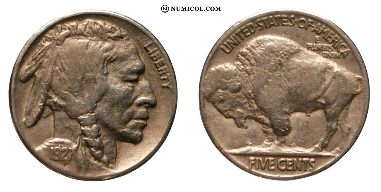 Moneda 5 Cents "Buffalo Nickel" (flat ground) año 1927