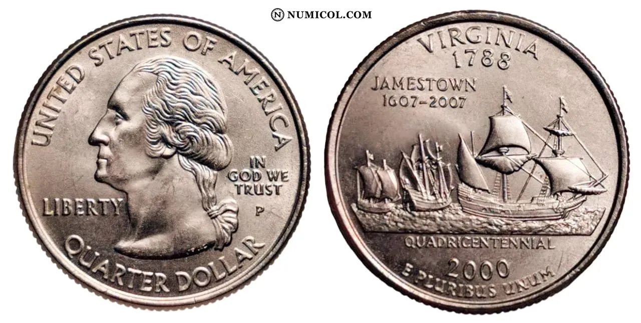 Moneda ¼ Dólar "Washington Quarter" (Virginia) año 2000