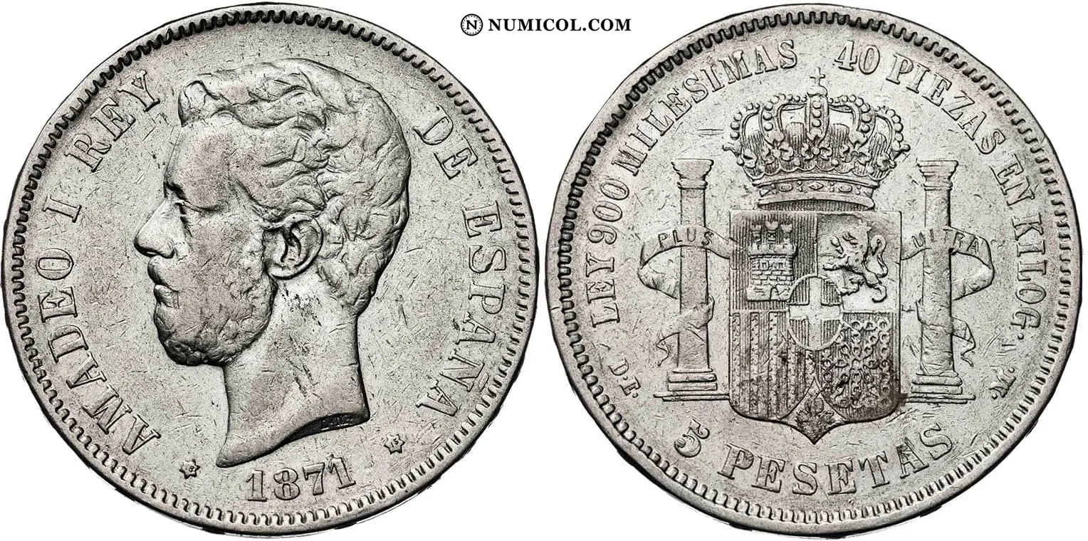 Moneda 5 Pesetas - Amadeo I año 1871