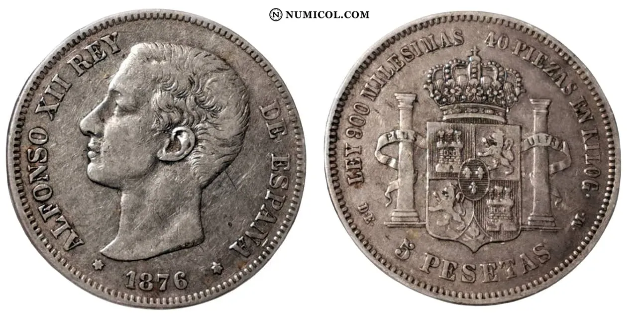 Moneda 5 Pesetas - Alfonso XII (1.er retrato; legend in edge) año 1876