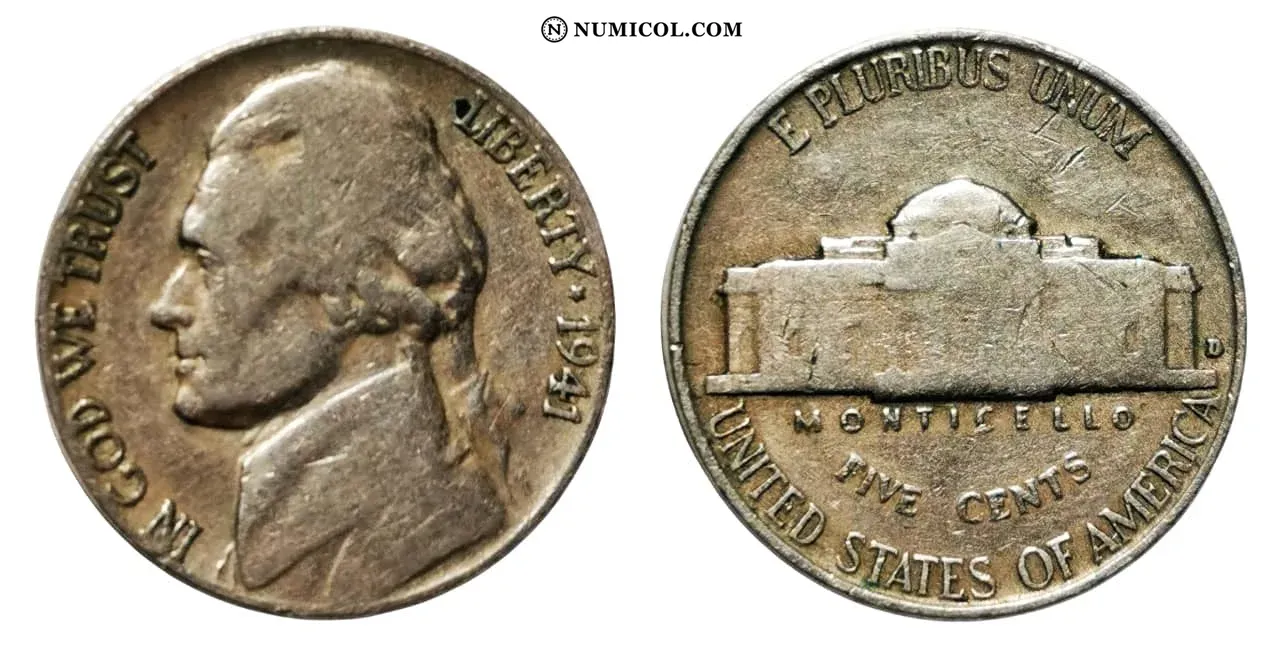 Moneda 5 Cents "Jefferson Nickel" (1.er retrato) año 1941