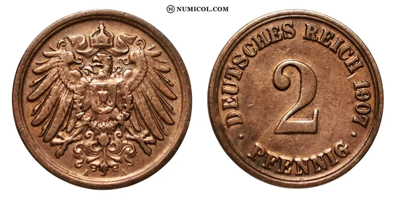 Moneda 2 Pfennigs - Guillermo II (type 2 - small shield) año 1907