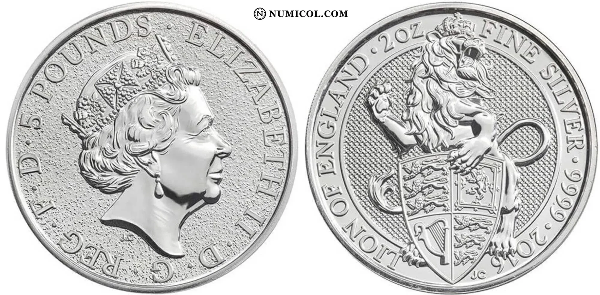 5 Pounds - Elizabeth II (Lion of England; 2 oz Fine Silver)