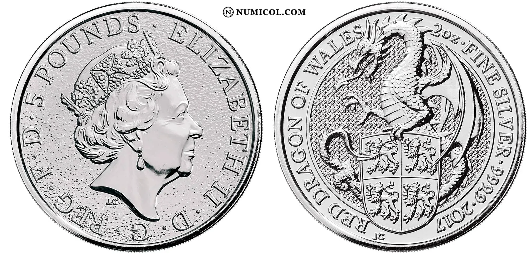5 Pounds - Elizabeth II (Red Dragon of Wales; 2 oz Fine Silver)
