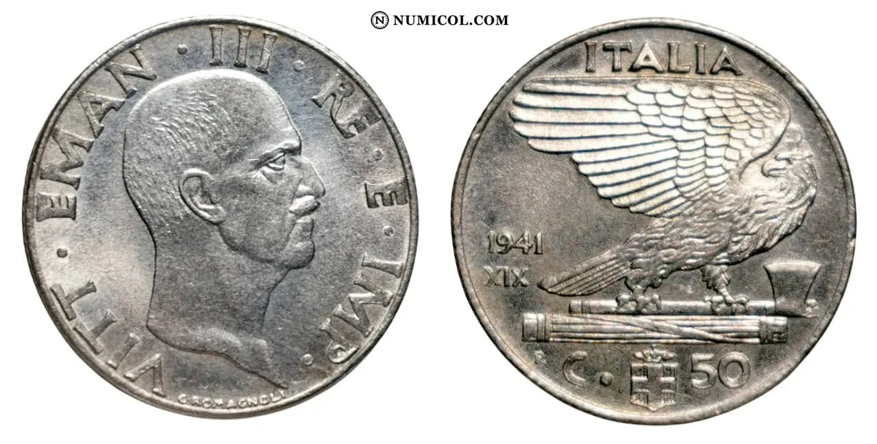 Moneda 50 Centesimi - Víctor Manuel III (magnética) año 1941