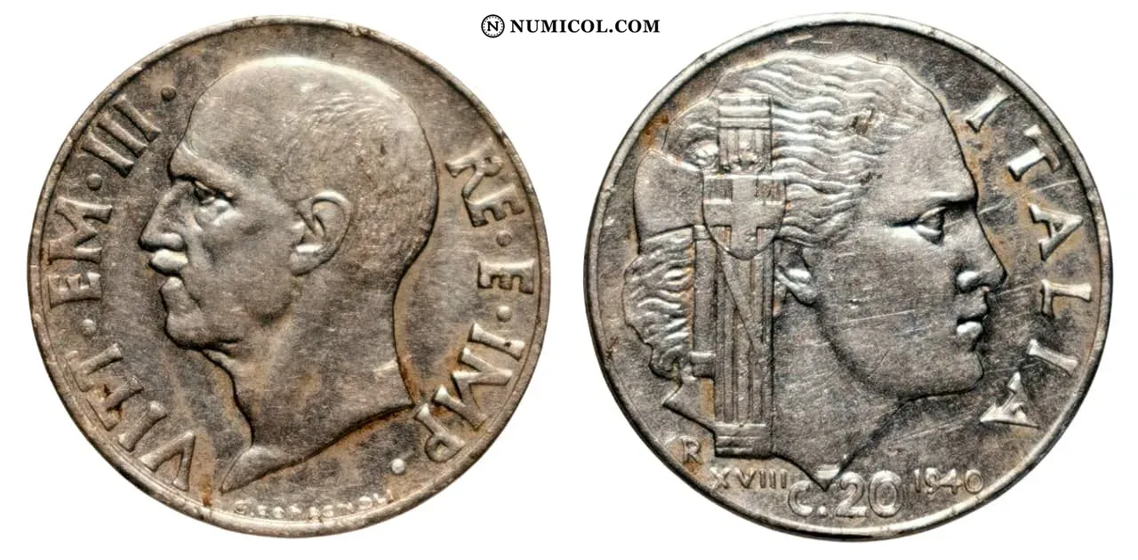 20 Centesimi - Victor Emmanuel III (non-magnetic; reeded edge)