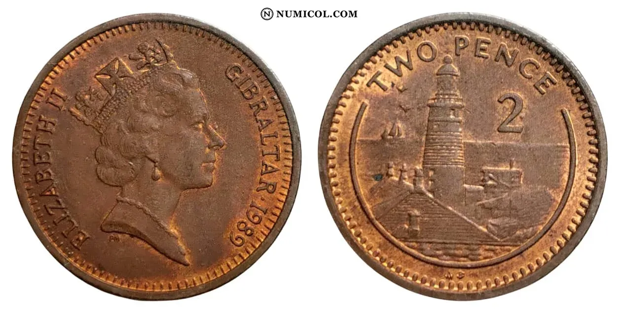 Moneda 2 Peniques - Isabel II (Europa Point Lighthouse; no magnética) año 1989