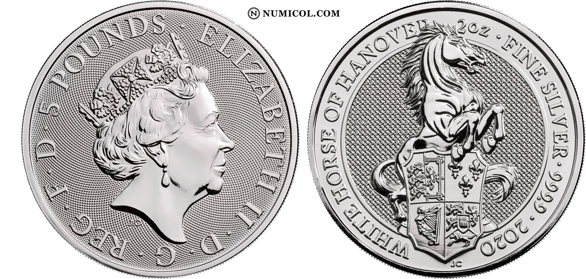 Moneda 5 Libras - Isabel II (White Horse of Hanover; 2 oz plata fina) año 2020