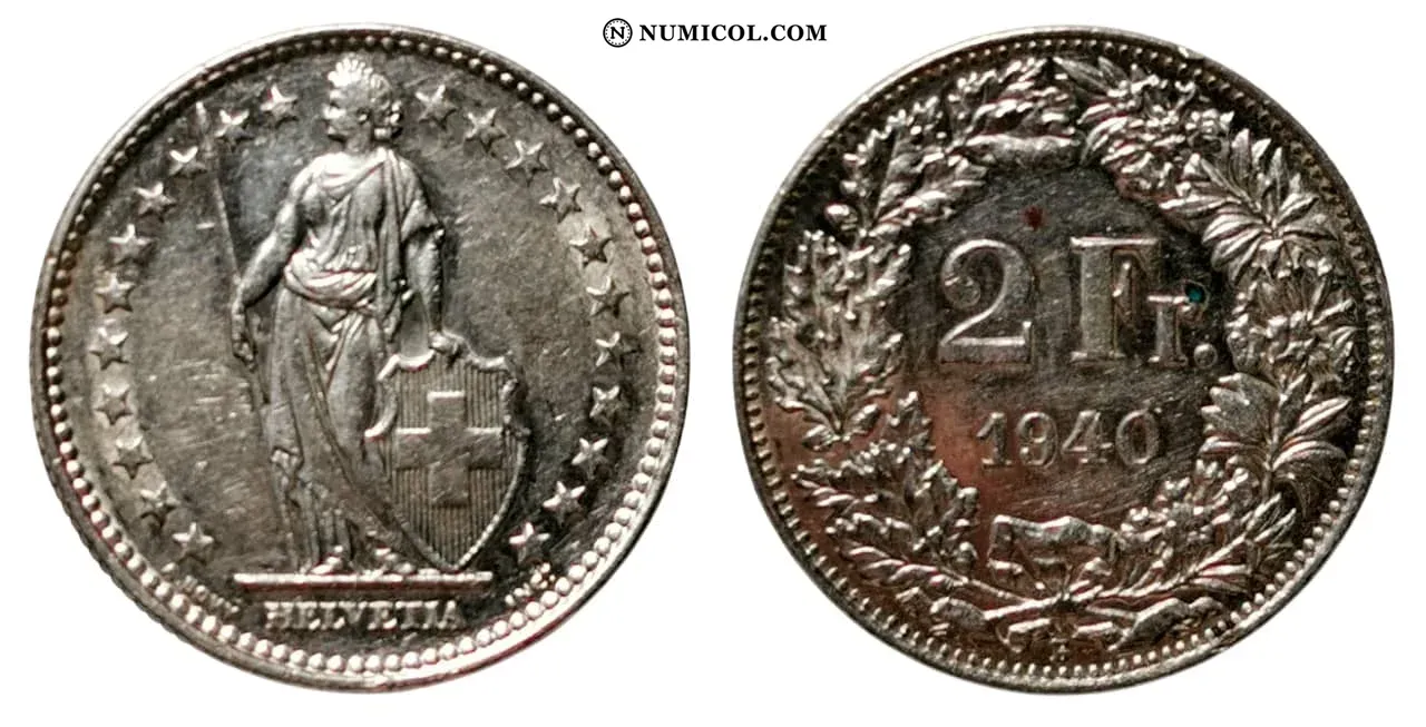 2 Francs (Helvetia standing; silver)
