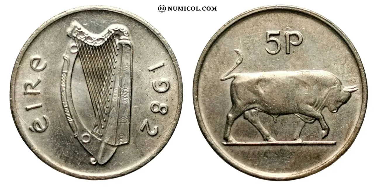 Moneda 5 Peniques (tipo grande) año 1982