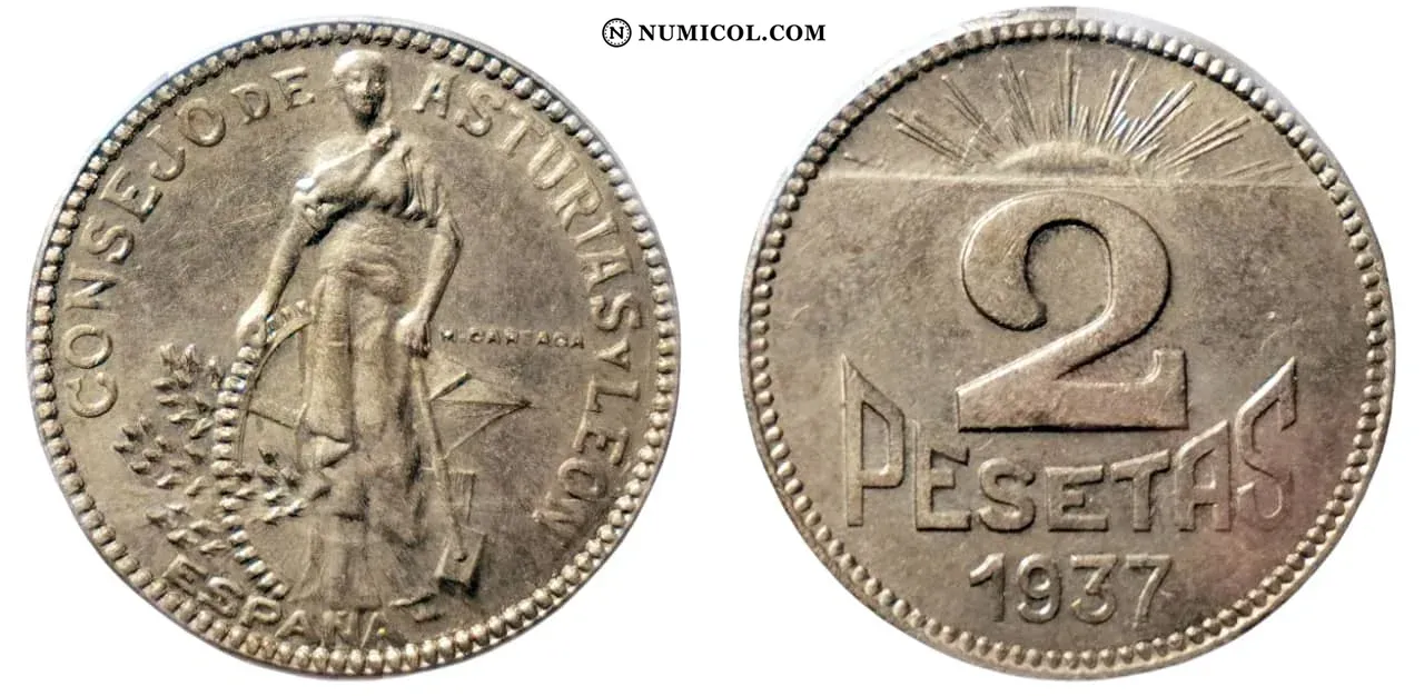 Moneda 2 Pesetas (Asturias and León) año 1937