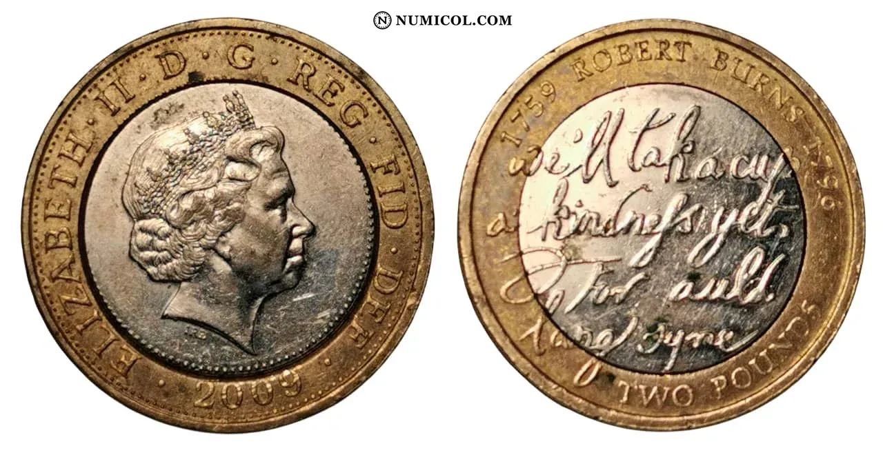 Moneda 2 Libras - Isabel II (4.º retrato; Robert Burns) año 2009