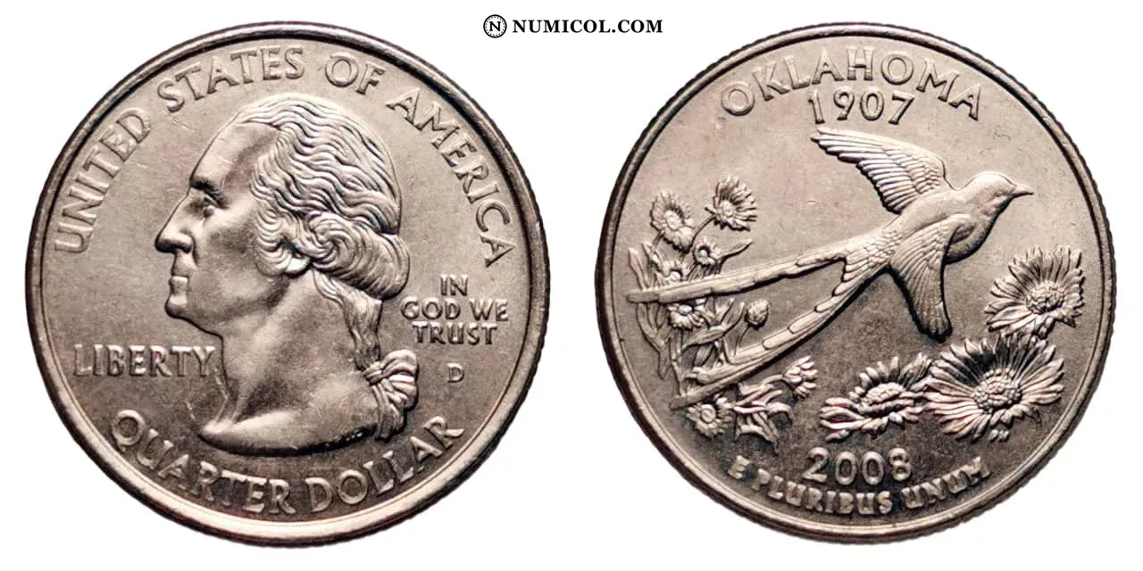 Moneda ¼ Dólar "Washington Quarter" (Oklahoma) año 2008