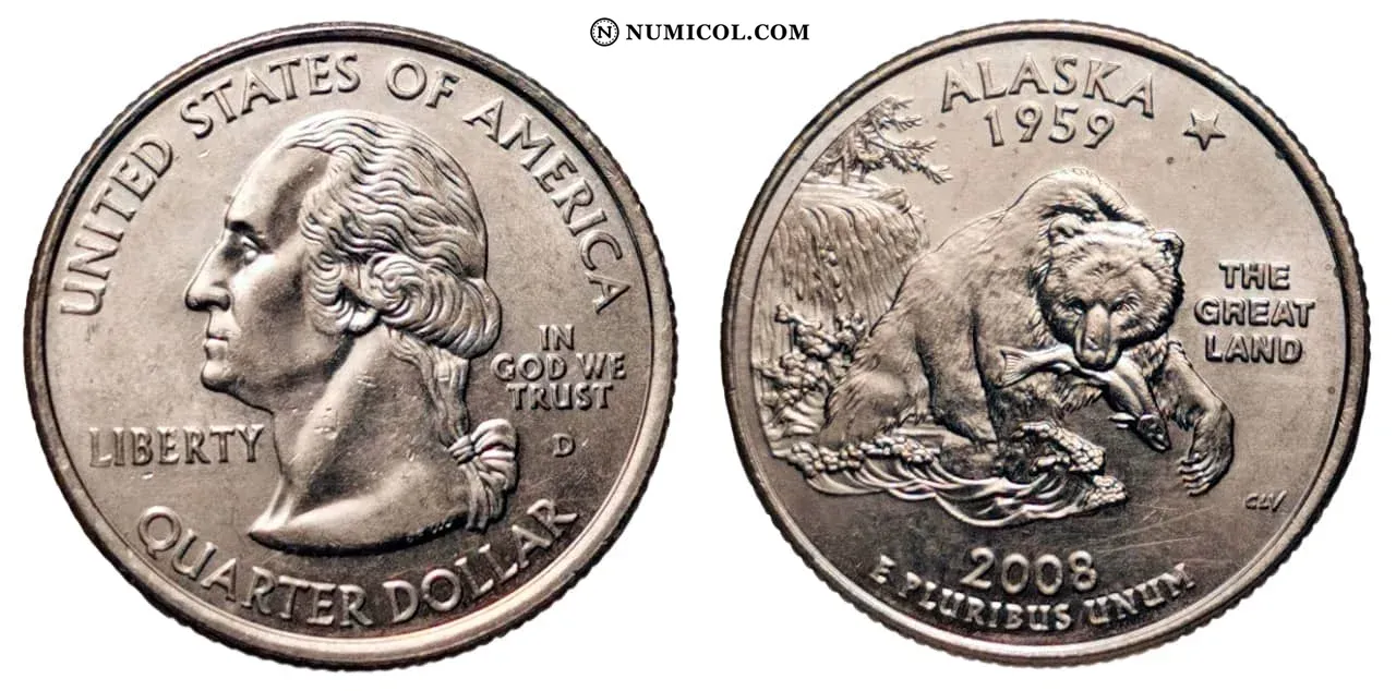 Moneda ¼ Dólar "Washington Quarter" (Alaska) año 2008