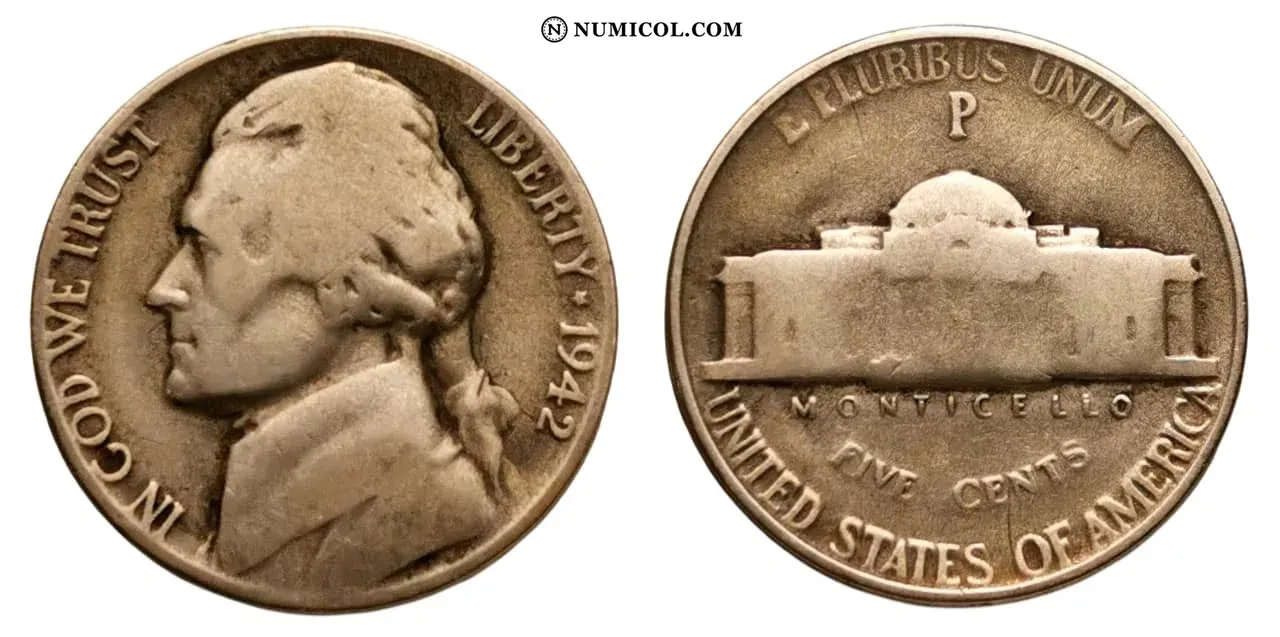Moneda 5 Cents "Jefferson Wartime Nickel" (1.er retrato) año 1942