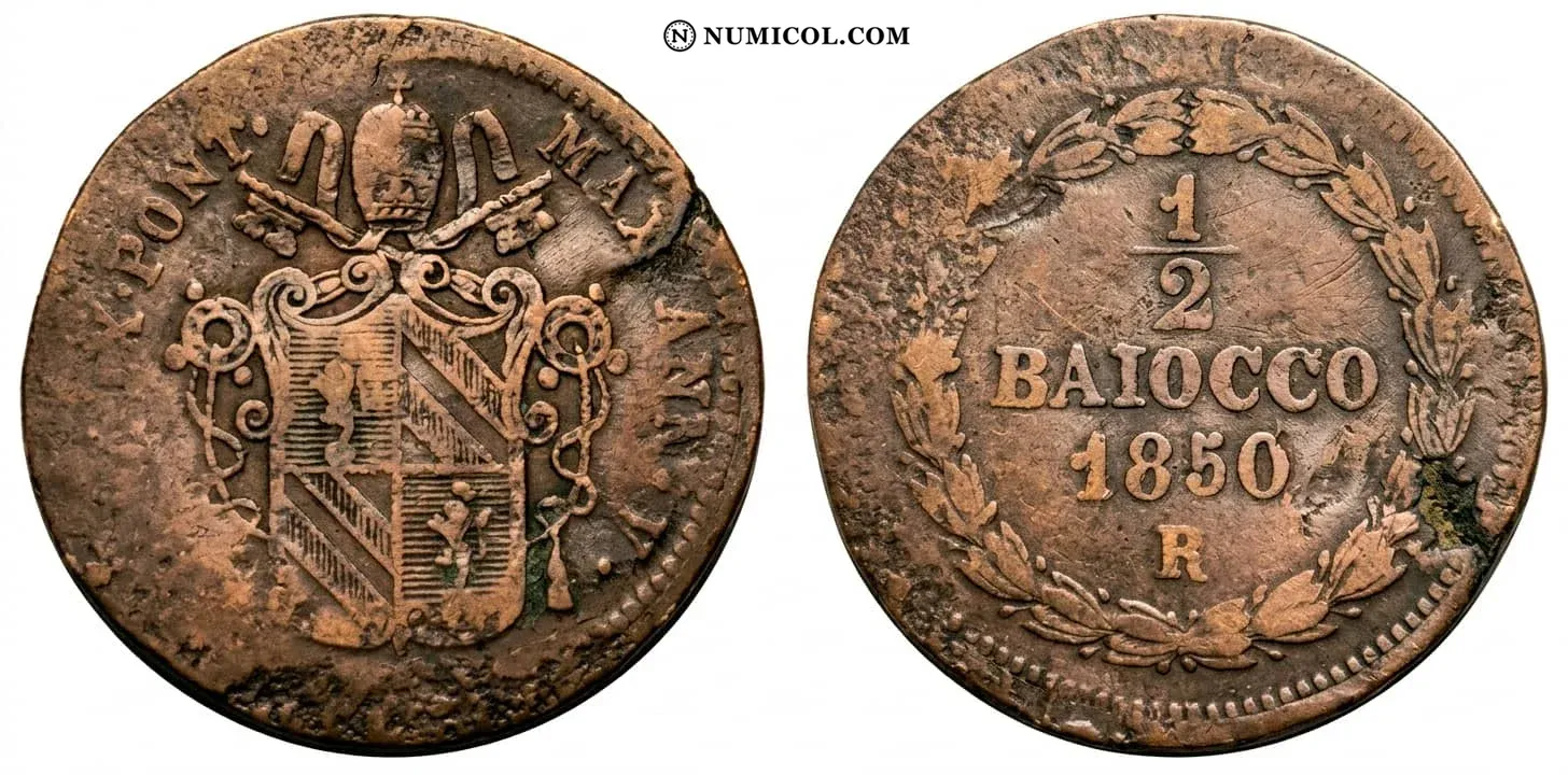 ½ Baiocco - Pius IX (Ornate shield)