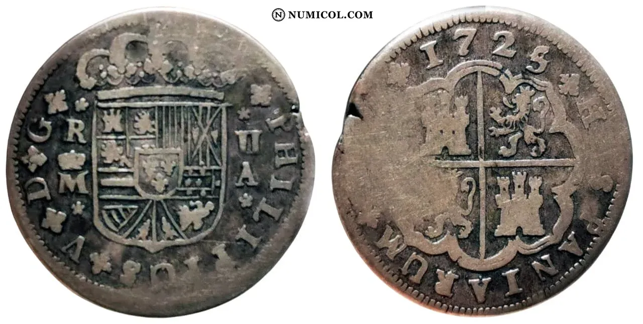 Moneda 2 Reales - Felipe V (Madrid; 2nd type; D  -  G) año 1725